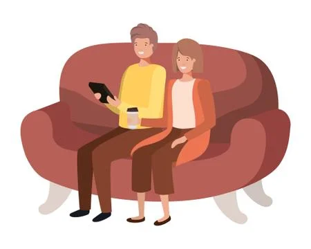 Couple using tablet in the sofa avatar character Stock Illustration
