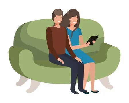 Couple using tablet in the sofa avatar character Stock Illustration
