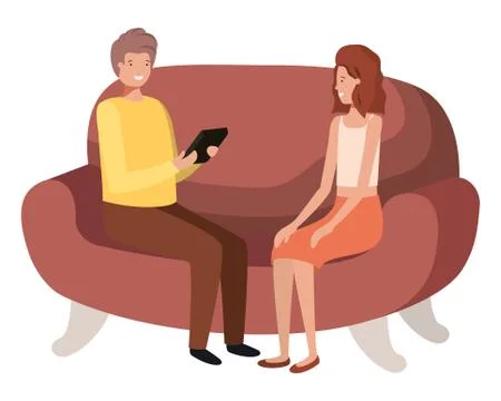 Couple using tablet in the sofa avatar character Stock Illustration