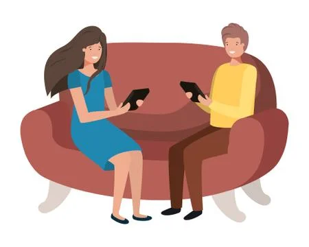 Couple using tablet in the sofa avatar character Stock Illustration