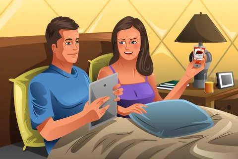 Couple Using Technology on the Bed Illustrazione stock
