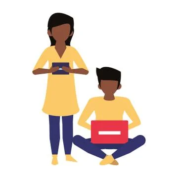 Couple using technology devices cartoon Illustrazione stock