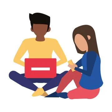 Couple using technology devices cartoon Illustrazione stock