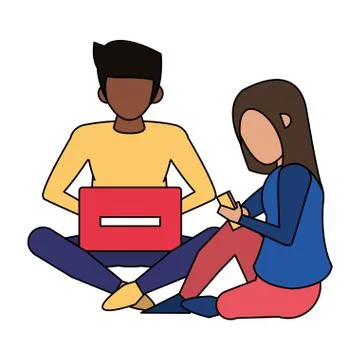 Couple using technology devices cartoon Illustrazione stock