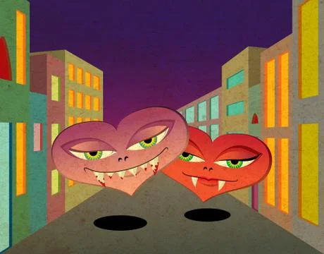 Couple of vampire hearts walking down the street Ilustração Stock