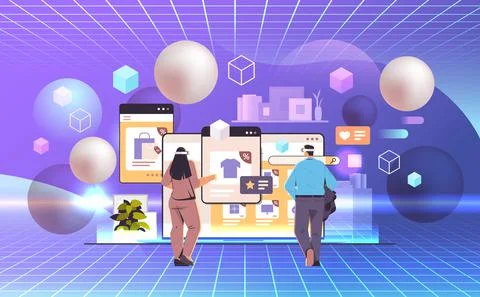 Couple in virtual reality digital glasses choosing items on screen online Stock Illustration