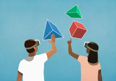 Couple with virtual reality simulator glasses looking up at 3D geometric shapes Stock Illustration