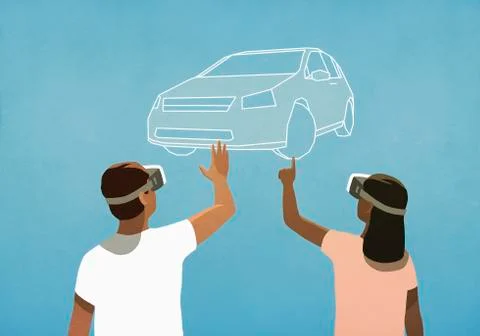 Couple with virtual reality simulator glasses shopping for car Stock Illustration