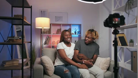 Couple vlog home live streaming influencers camera Stock Footage 194623684