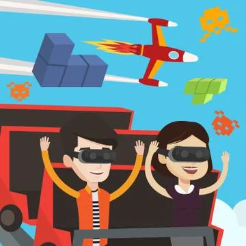 Couple in vr headset riding on roller coaster Stock Illustration