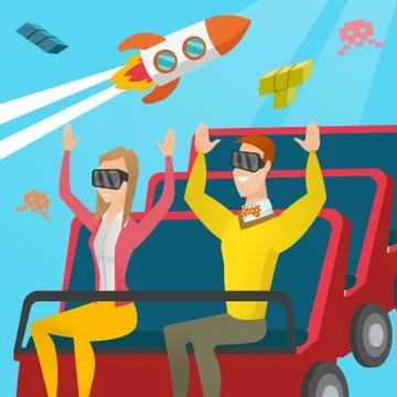 Couple in vr headset riding on a roller coaster. Stock Illustration