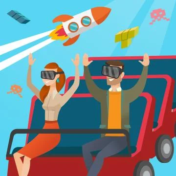 Couple in vr headset riding on a roller coaster. Stock Illustration