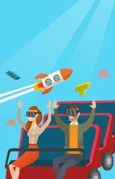 Couple in vr headset riding on a roller coaster. Stock Illustration