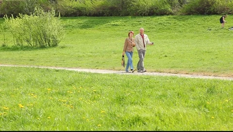 Couple waliking on the path in the park Stock Footage 5342302