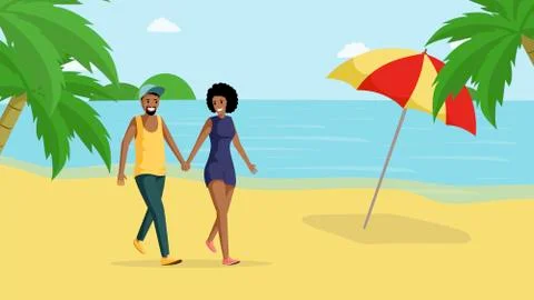 Couple on walk flat vector illustration. Smiling african american man and woman Stock Illustration