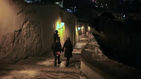 Couple on walk in old Prague Stock Footage