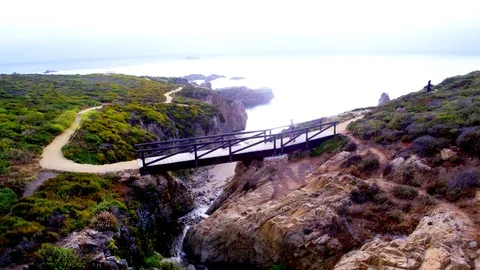 Couple Walk over a Bridge in Big Sur by Aerial Drone Stock Footage 80964768