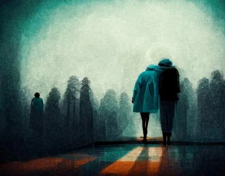 Couple walking against light, computer art. Stock Illustration