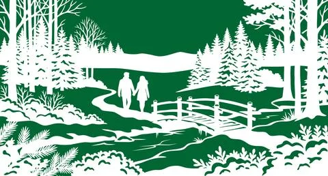 Couple walking along a forest path over a bridge in winter with silhouette イラスト素材