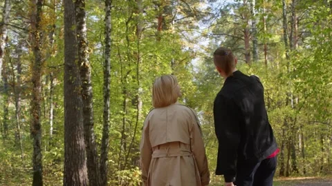 Couple walking and talking in a forest during a sunny autumn day Stock Footage 314631841