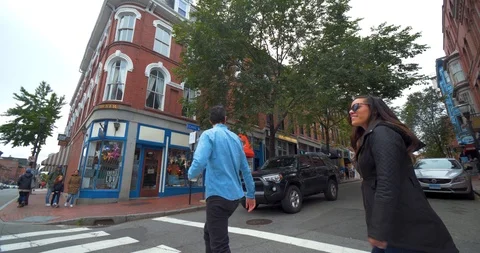 Couple Walking Around Cute Small Town Shopping, Portland Maine Stock Footage 102397710