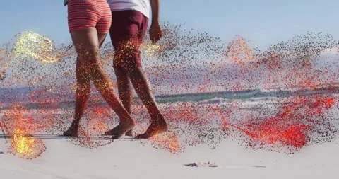 Couple walking barefoot on sandy shore, with animated step counter and heart Stock Footage 308152012