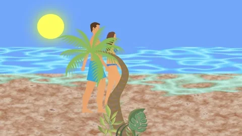 Couple walking on the beach, 2D flat cartoon animation, sea view Stock Footage 275017991
