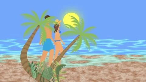 Couple walking on the beach, 2D flat cartoon animation, sea view 库存影片 275018102