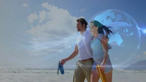 Couple walking on beach with flip-flops while globe fading and streaks wrapping Stock Footage 331165909