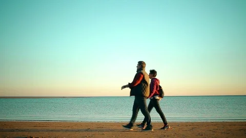 Couple Walking Beach Summer Calm Sea Sunny Day Healthy Lifestyle Scene Stock Footage 87979014