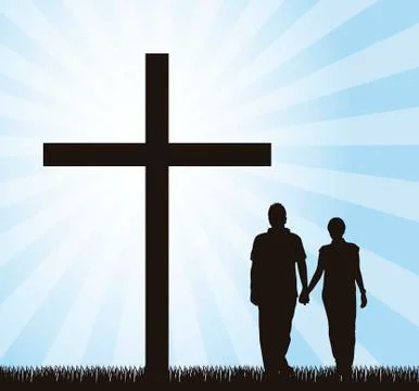 Couple walking to the cross over sky background. vector Ilustração Stock