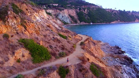 Couple Walking Down a Path to the Beach by Aerial Drone Stock Footage 81178948