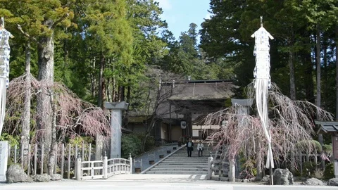 Couple walking down steps from Kongobu-ji temple in Koya, Japan Stock Footage 86758965
