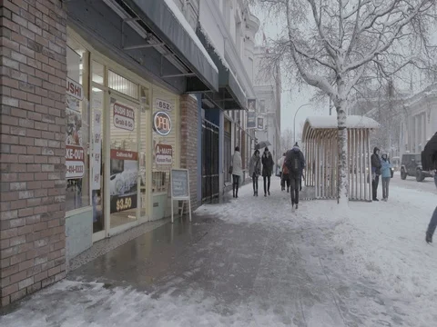 Couple Walking Downtown City Street Winter Canada Stock Footage