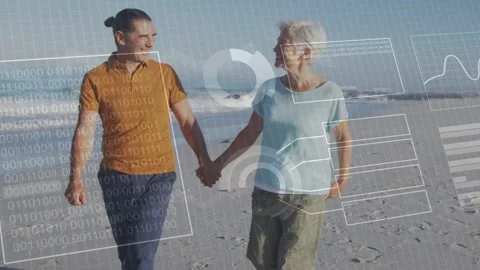 Couple walking hand-in-hand on sandy beach, movement initiating HUD overlays Stock Footage 334203604