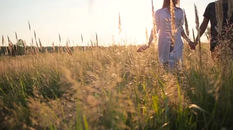 Couple walking holding hands in the grass field Stock Footage 68355473