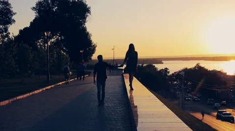 Couple walking holding hands on sunset background Stock Footage 65594790
