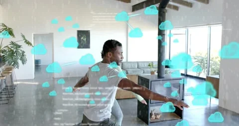 Couple walking home as turquoise code clouds appearing, stepping and holding Stock Footage 320955001