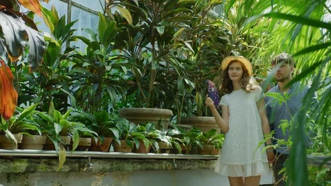 Couple walking inside a greenhouse Stock Footage 99965151