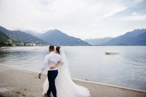 Couple walking near Lake Como in Italy Stock Photos