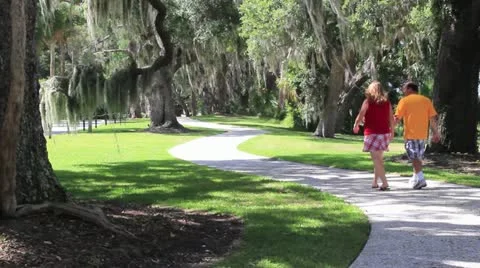 Couple walking on path in park Stock Footage 11427295