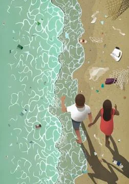 Couple walking on polluted ocean beach Stock Illustration