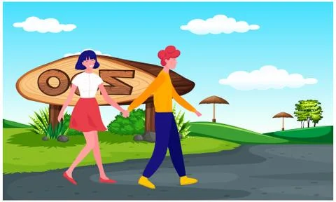 Couple is walking on the road Stock Illustration
