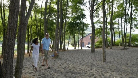 Couple walking through trees to beach. Stock-Footage 88021827