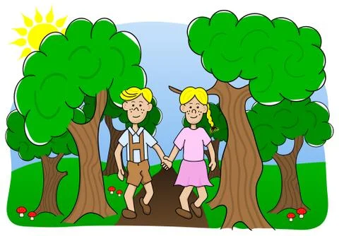 A couple walking through the woods Stock Illustration