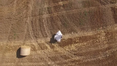 Couple walking together through summer harvested field with straw bales. Aerial Stock Footage 243317141