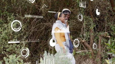 Couple walking trail, AR HUD elements appearing as walking progresses and Stock Footage 333287247