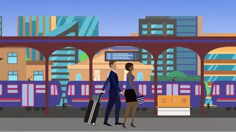 Couple walking in train station animation, city background view Stock Footage 307395096