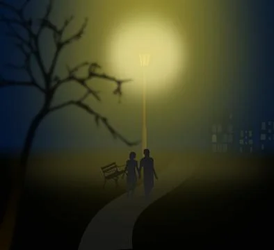 Couple walking under a lantern in misty park Stock Illustration