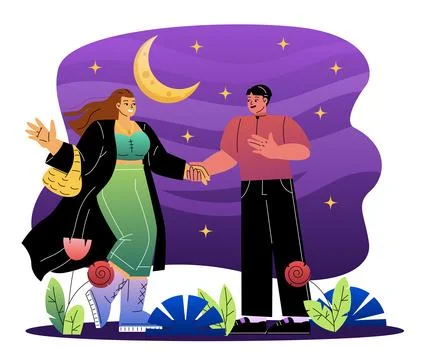 Couple walking under starry night sky. Vector illustration Ilustração Stock